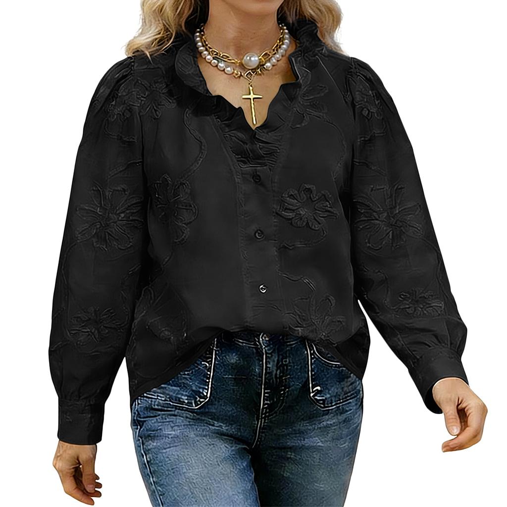 Long Sleeve Button Down Shirt for Women with Floral Embroidery Loose Fit Blouse Casual Collar Top for Daily Wear
