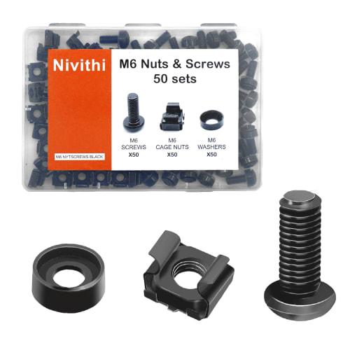 Nivithi SR620 M6 Cage Nut & Bolt Set, 50 Pairs (M6 X 20mm), Compatible with 19-inch Server and Network Racks, Corrosion-Resistant, for Rack Mounting
