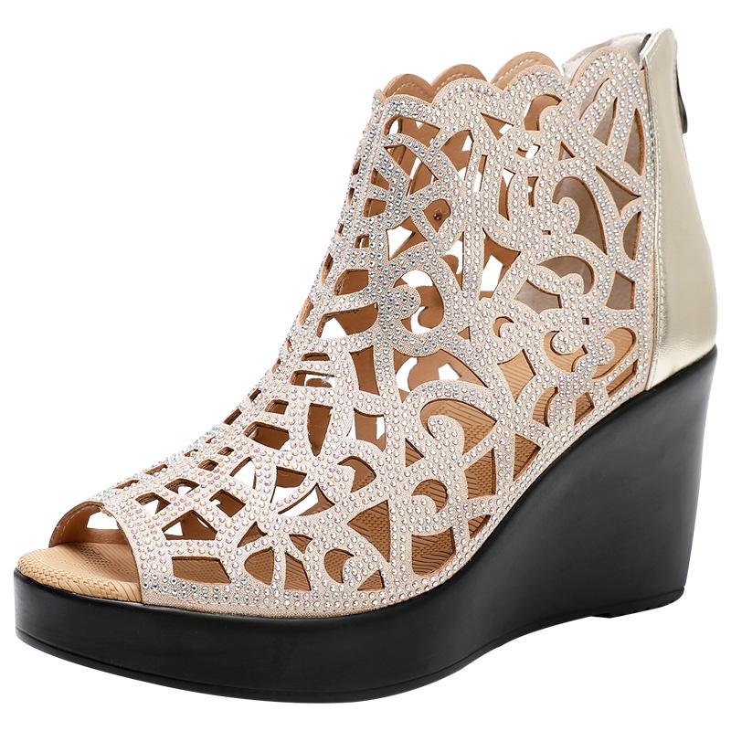 Fashion GKTINOO 2025 Summer New Open Toe Hollow Rhinestone Shoes Wedge Sandals High Heel Sandals Fashion Elegant Women Sandals