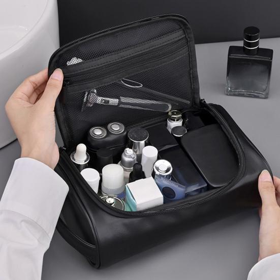 Wasserdichte Toilettentasche für Herren aus Kunstleder, Reise-Kulturbeutel mit mehreren Fächern, Organizer für Pflegeutensilien für Rasierzubehör