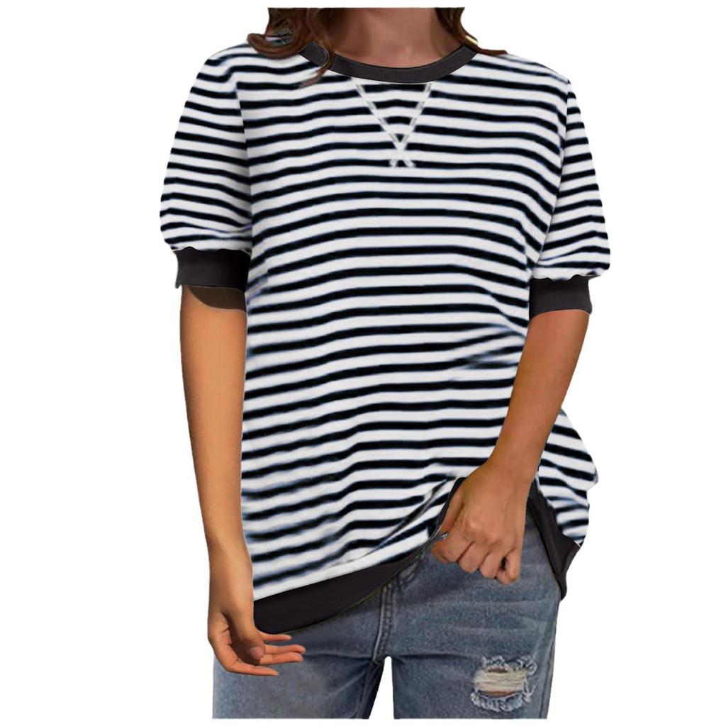 Women's Summer Striped Print Short Sleeve Round Neck T-Shirt Clothes Sale