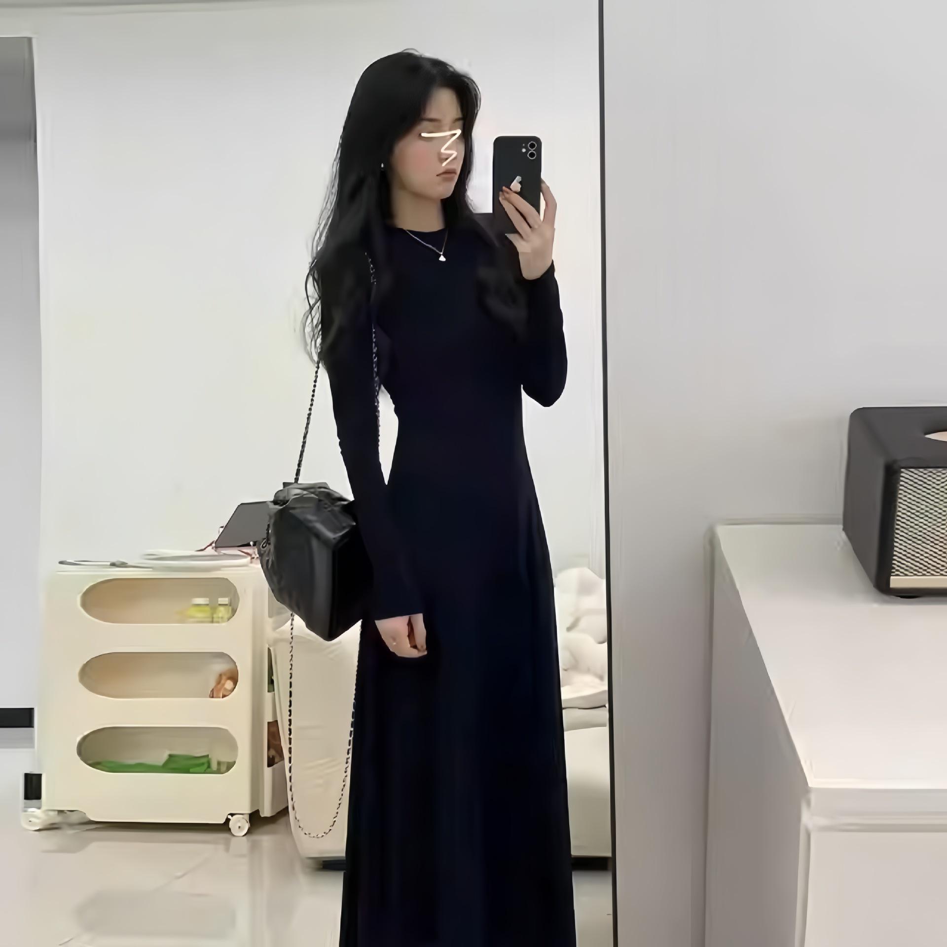 Hepburn Style Black Slim-Fit Long Dress - Women s Early Autumn 2025, French Waist-Cinching Design XL