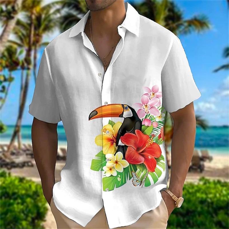 Top Nou de Vară cu Papagal Imprimat 3D Cămașă de Plajă Hawaii pentru Bărbați Petrecere în Aer Liber Street Socialwear cu Mânecă Scurtă Respirabilă pentru Bărbați