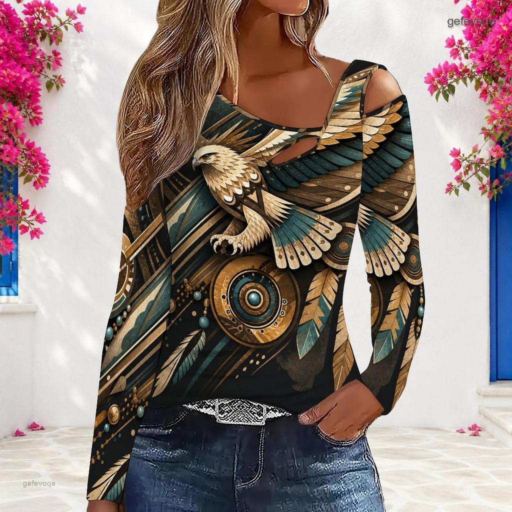Women Plus Size Asymmetric Cutout Neck Cold Shoulder Long Sleeve Fitted Eagle Printed Top