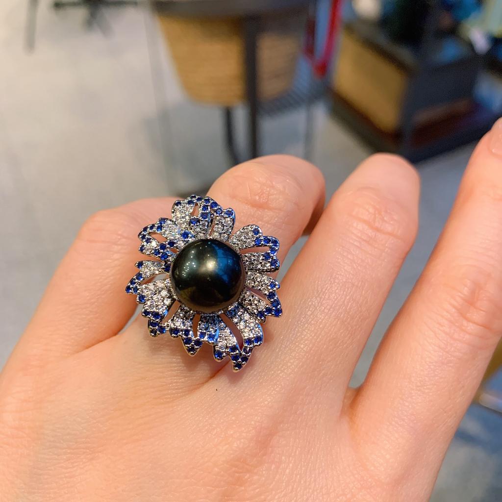 Tiktok Cross-border Australian Fritillary Pearl Micro Set Blue Ring Fashion Adjustable