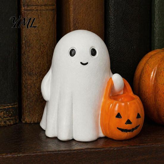 Glowing Desk Ornament Halloween Holding Pumpkin Ghost Figurine, Spooky Statue with Holiday Night Light, Resin for Tabletop Centerpiece