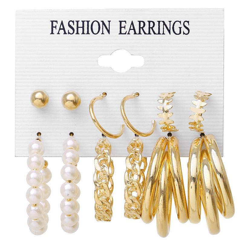 Hot European & American Geometric Pearl Circle Ear Cuffs & Round Bead Stud Earring Set