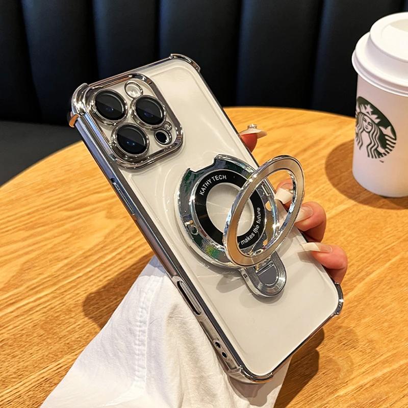 Luxus Galvanisiert Stoßfest Magnetische Halterung für Magsafe Transparente Hülle für iPhone 16 15 Pro Max 11 12 13 14 Mit Halter Ständer Abdeckung