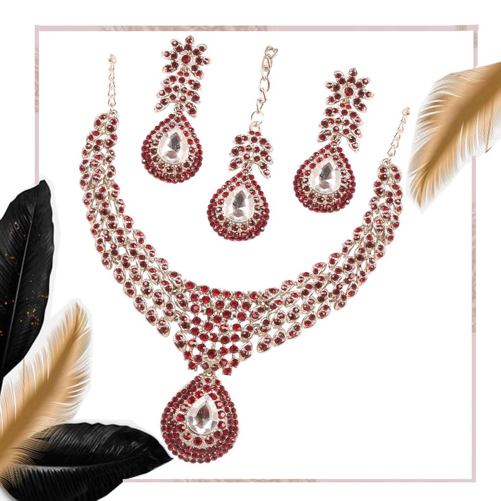 Touchstone Indian Bollywood Traditionally Marked White and Red Rhinestone Alluring Bridal Designer Jewelry Necklace Set In Silver Tones for Women.