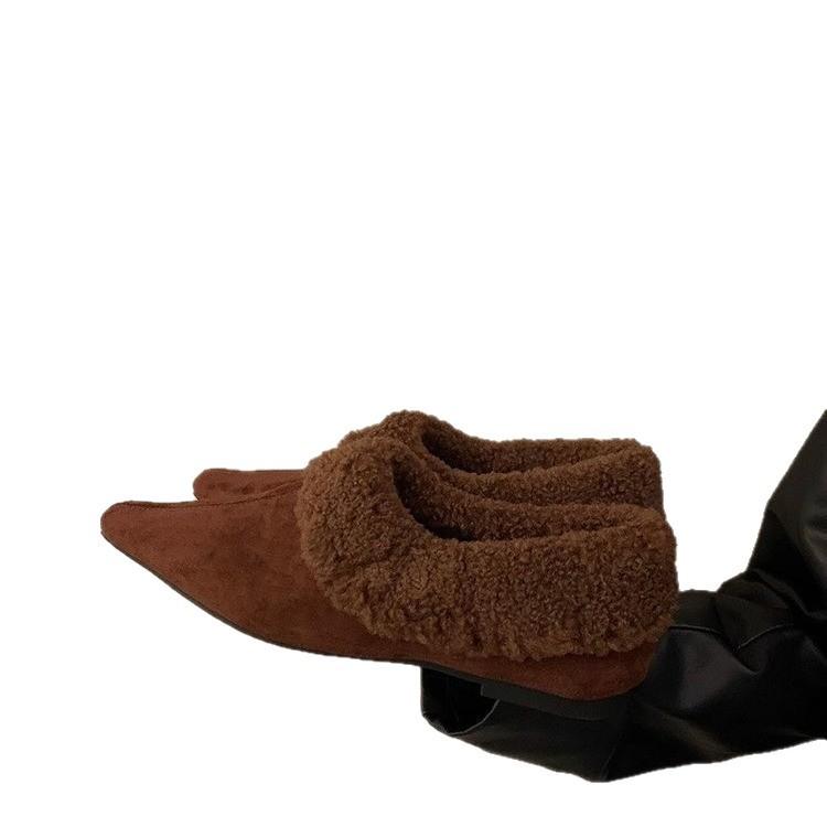 Mao Mao shoes 2025 autumn and winter new low-heeled versatile pointed tip fleece warm deep-mouth single shoes wool roll cotton ladyshoes