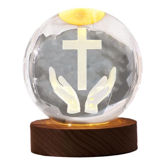 3D Hands Prayer Faux Crystal Ball with Wooden Base Clear Engraved Prayer Hand Ball Night Light Religious Christian Gifts for Women Men