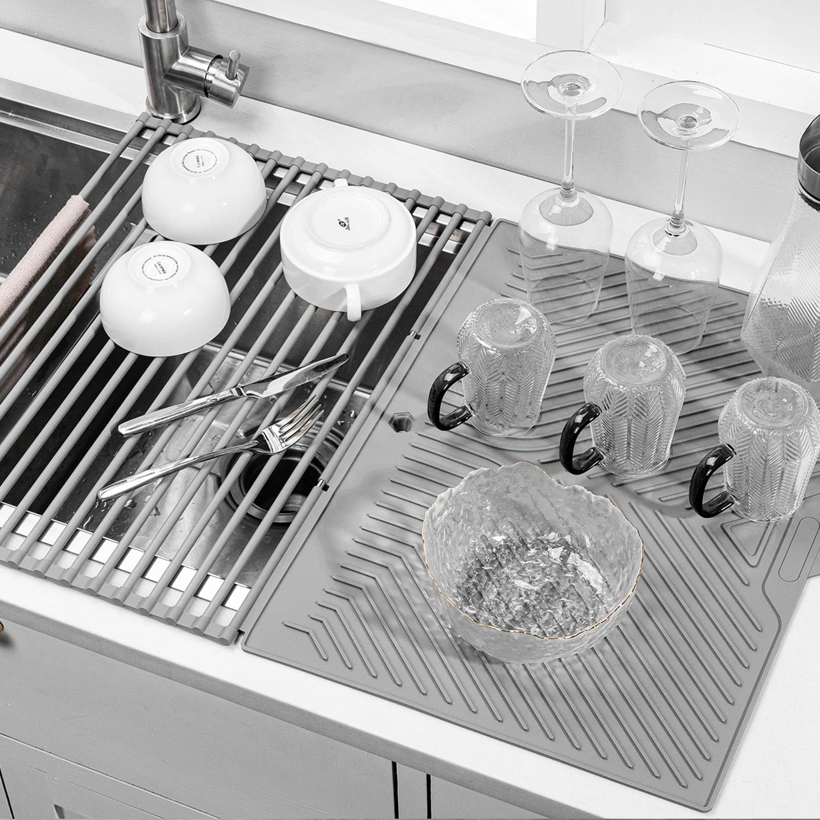 Складной силиконовый сушильный коврик с разделителями для сушки посуды подставка для использования над раковиной компактный термостойкий нескользящий устойчивый к ржавчине 61 455 серый 6286₽