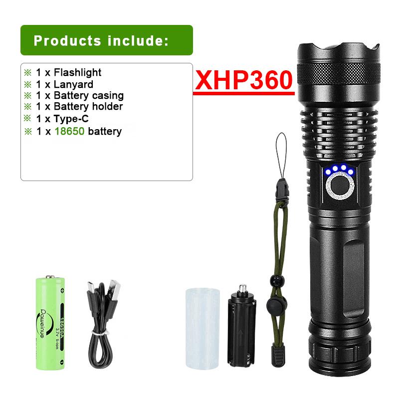 High Power XHP360 Flashlight Zoomable Torch 90000LM Lamp Self-protection Lantern Waterproof Flash Light Long Range Torch Light