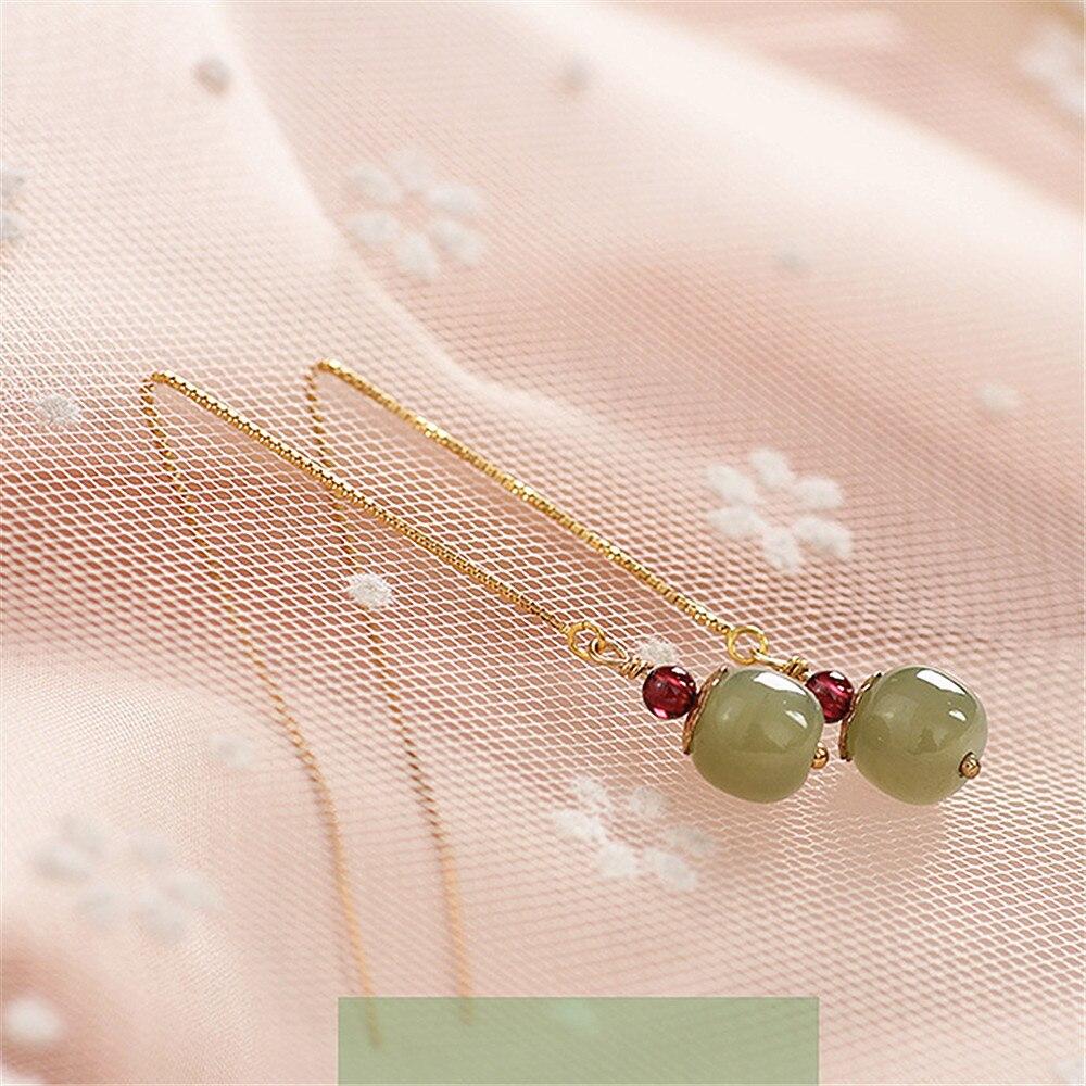 925 Sterling Silver Chain Hetian Jade Gold Line Drop Long Earring Female Ear Line Red Garnet Bead Jewelry Gift For Lover Wedding
