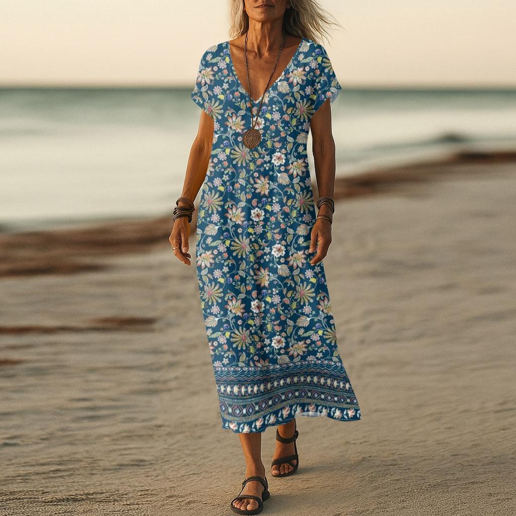 Letní šaty Dámské Dlouhé Boho Plážové šaty Elegantní Maxi šaty Výstřih do V Krátký rukáv Letní Tunikové šaty Lehké Vzdušné