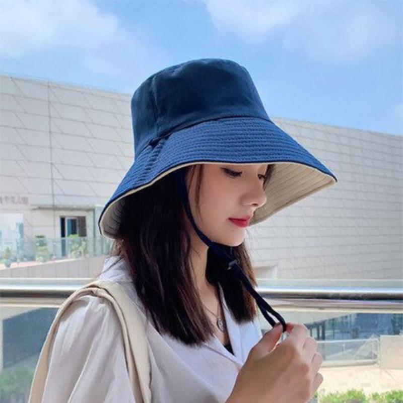 Double Sided Solid Color Flat Top Leisure Large Eave Fisherman Hat Lightweight Shading Foldable Detachable Windproof Rope