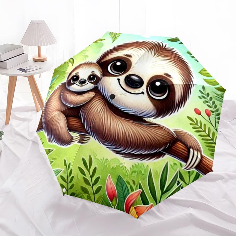 1pc Sloth Family in Tropical Forest Umbrella with Plastic Handle,Suitable for All Seasons Home Travel Outdoor UmbrellaDD1605