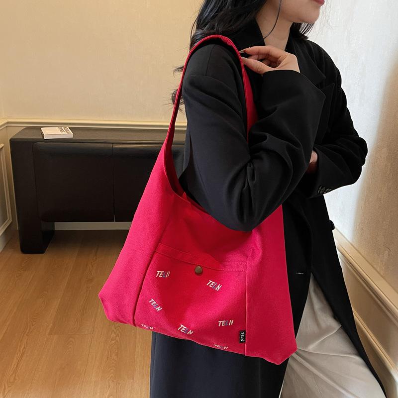 Embroidered Canvas Tote Bag Women Fashi Large Capacity Shoulder Bag Korean Style Versatile Simple and Commuter Storage Bags