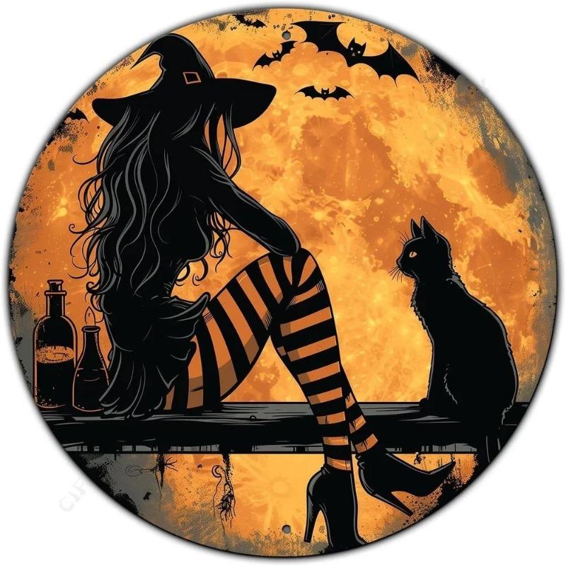 Круглая жестяная табличка  Ведьма и Черный Кот , 20 см, Декор на Хэллоуин