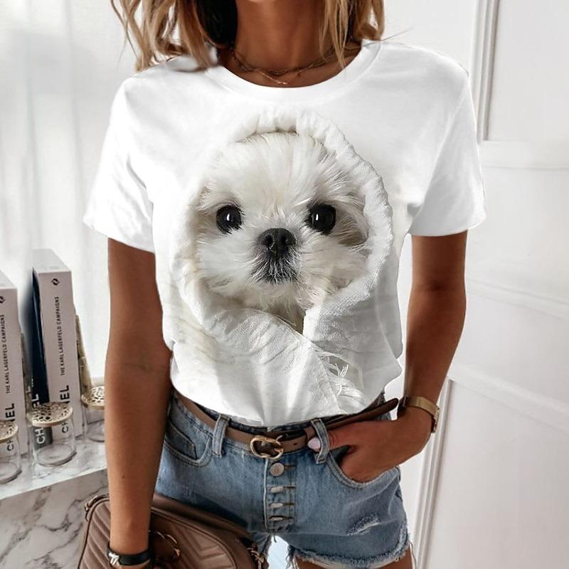 Women's T Shirt Print Dog Basic Short Sleeve Round Neck Regular Tops Daily Weekend Custom Print White Beige Gray
