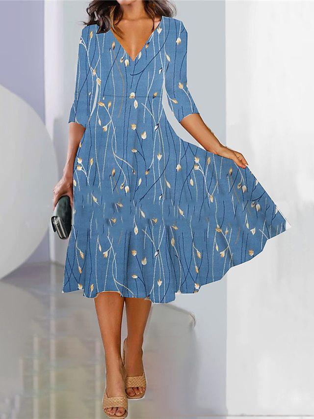 Women Spring Summer Flower Pattern Print V-Neck High Waist Casual Dresses