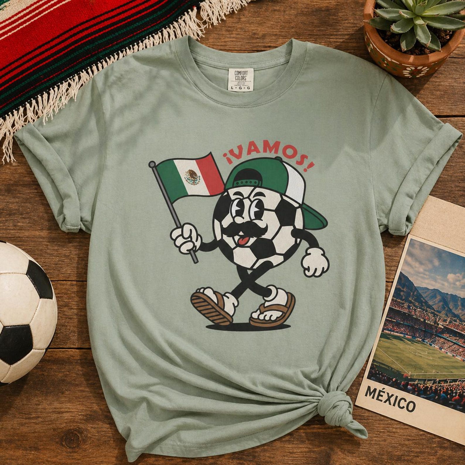 VAMOS Soccer Ball Character T-shirt | Mexican Flag Retro Illustration XL