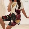 Women Plus Size Two Piece Set Wine Cup Leaf Geometric Print Round Neck Short Sleeve Split Top Knee Length Pants