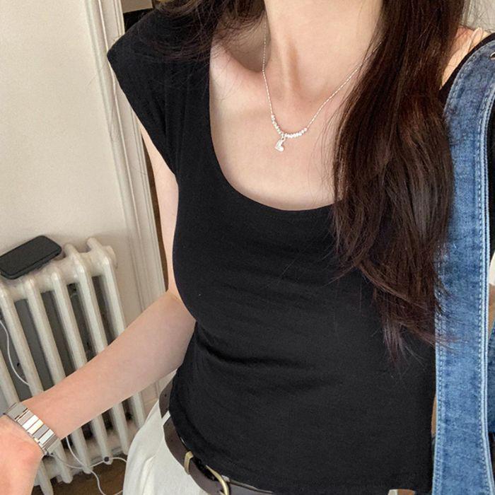 

Women s Summer Slim Fit Bamboo Cotton Cap Sleeve T-shirt with Large U-Neck Small чёрный