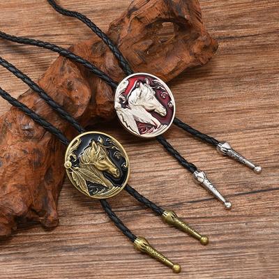 Europäisch-amerikanischer Stil Lederseil-Halskette mit Tropföl-Pferdekopf Retro Bolo-Krawatte Pulloverkette - Unisex-Design