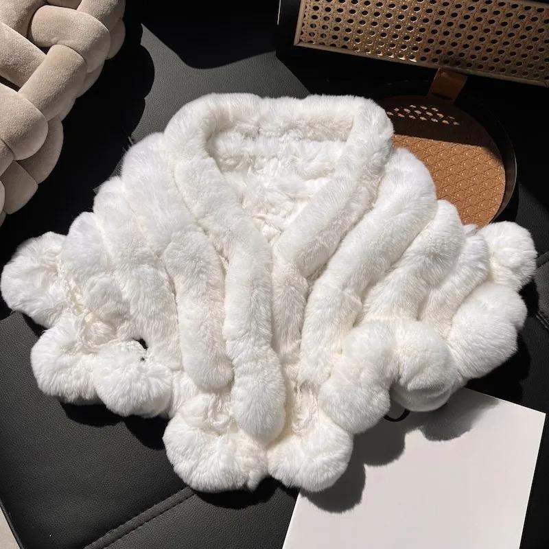 

Fashion genuine rex rabbit fur shawl Girls warm neck-protecting scarf Women winter stylish double-sided thickened fur scarf cape Length 110cm белый