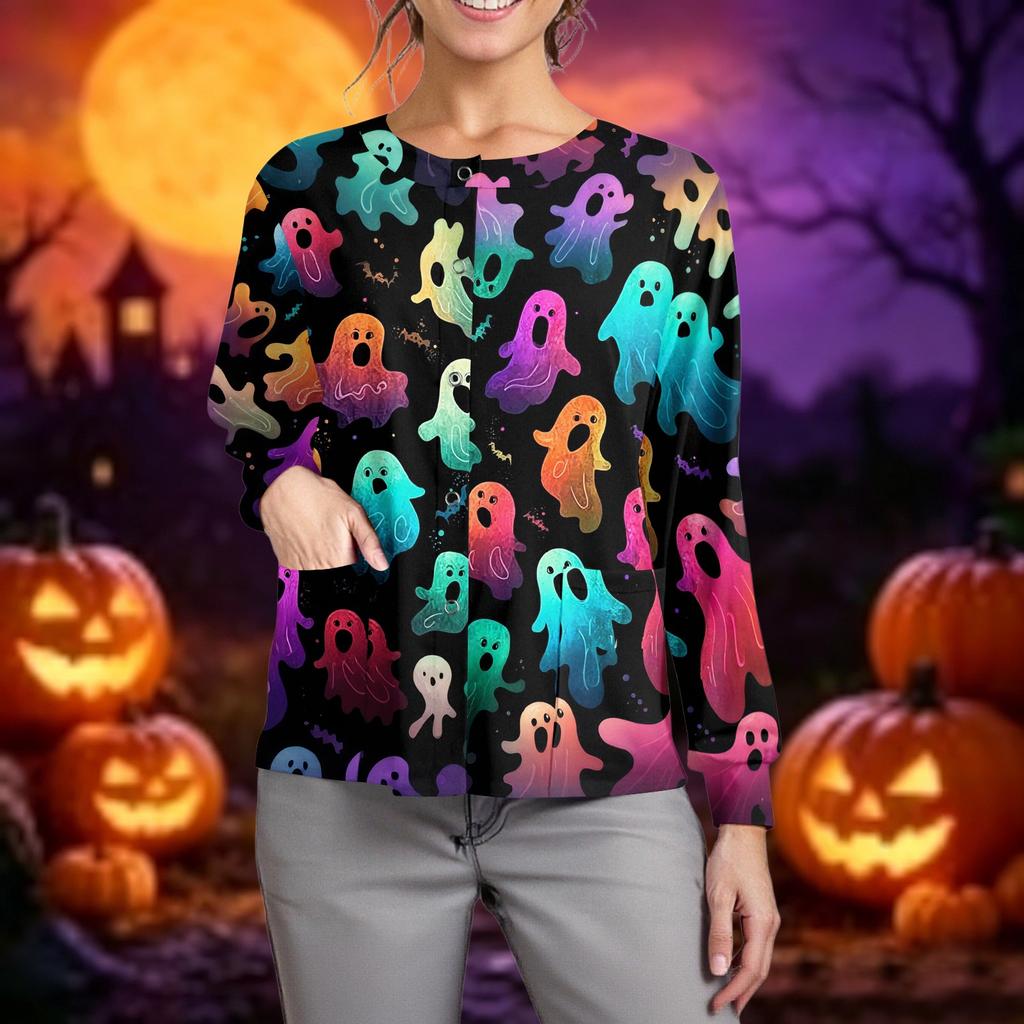 Women Long Sleeve Button Front Cardigan Halloween Print Lightweight Casual Workwear Cover Up Shirt for Caregivers and Daily Wear