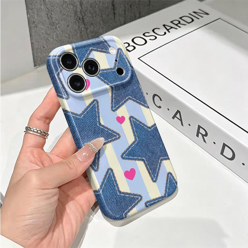 Cute Denim Jean Star Heart Striped Pattern Art Film Aesthetic Protective Shockproof Bumper Phone Case Cover For iPhone 14 15 16 Pro Max Plus