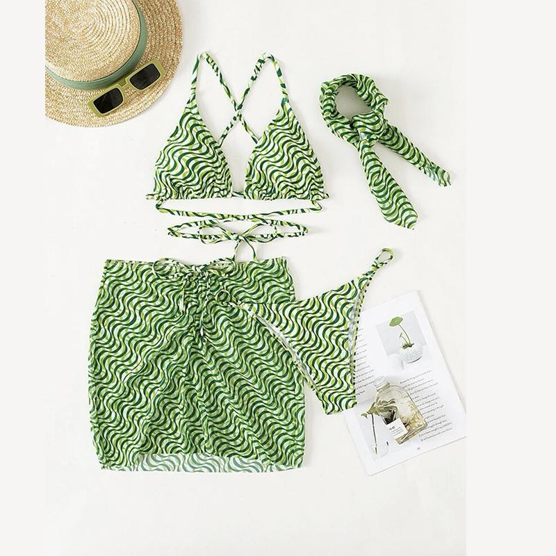 Striped Print Four Pieces Bikini Set Swimwear Women Swimsuit Female Bikini And Beach Skirt Bathing Suits Beachwear Swim