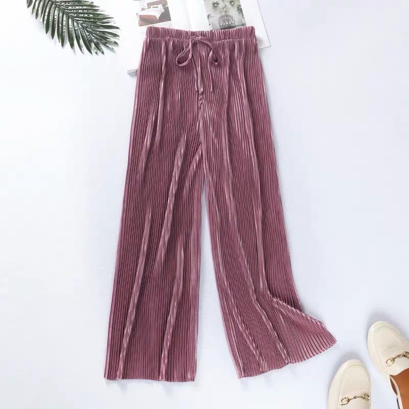 Women Fashion Summer Wide Leg Pants Pleated Ice Silk Trousers Elastic Waist Loose Casual Pants