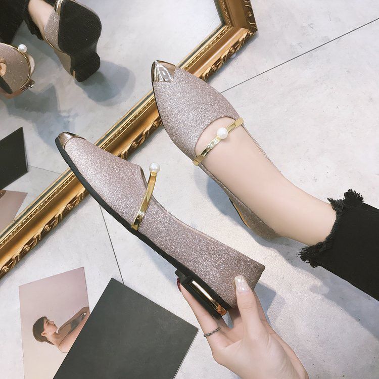 Pointed low-heeled pearl single shoes versatile and comfortable shallow mouth foot cover women's flat shoes spring and summer