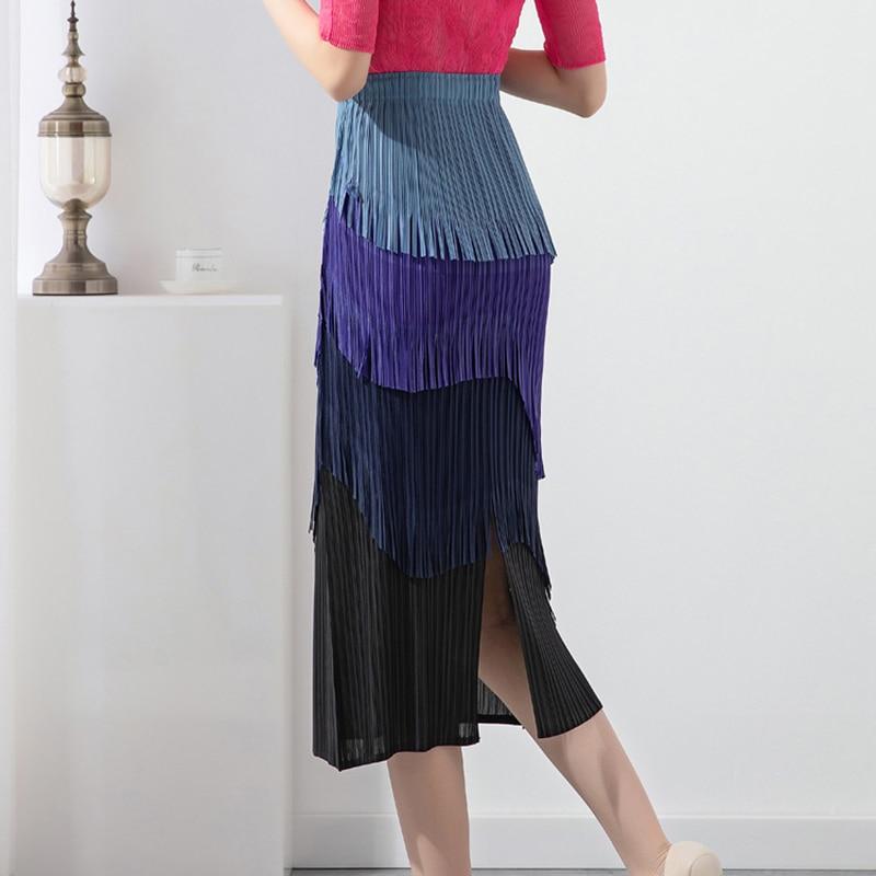 Qooth Women Fashion Tassel Splicing Split Hip Skirt Elegant High Waist Mid-length Pleated Pencil Skirt For Spring Summer QT2120