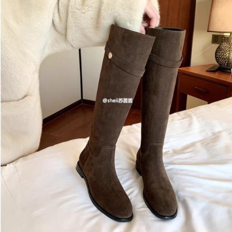 Cowhide Small Gold Coins Skinny Knight Boots Women's Flat Bottom But Knee Long Boots High Boots