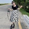 Fake Two-piece Floral Dress for Women, Sweet Age Reduction, Summer Waist and Thin First Love Temperament, Slim Square Collar A-shaped Skirt