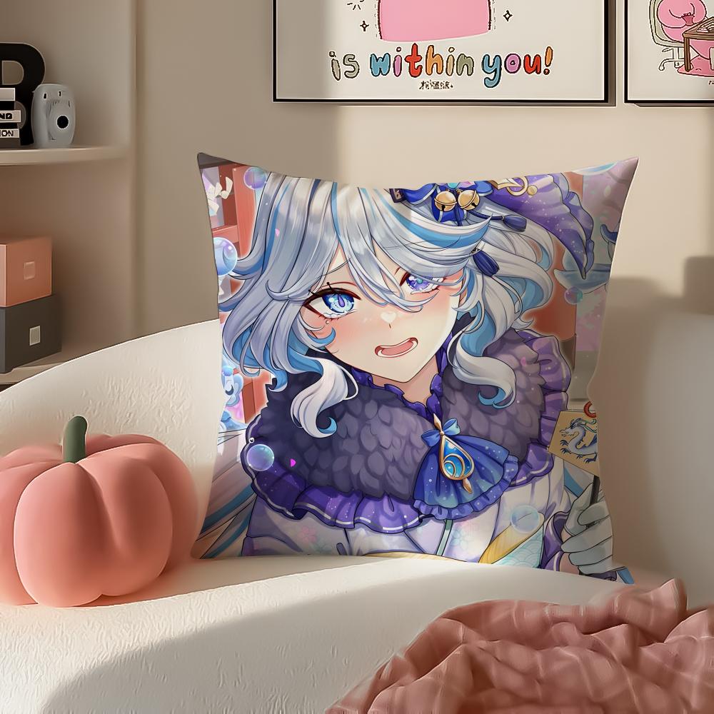 Game Genshin Furina Cushion Cover Pillowcase Short Plush Invisible Zipper Room Sofa Cushion Cover