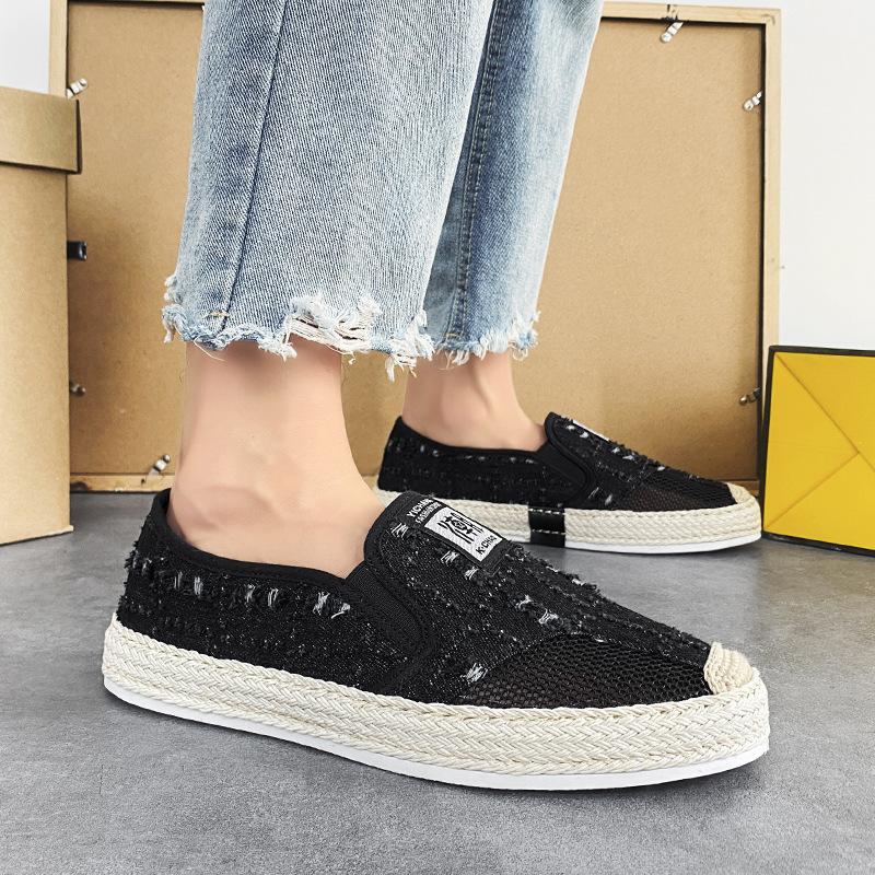 Men'S Shoes Denim Old Hole Design Sports Flat Shoes Fashion Straw Thick Sole One Pedal Board Shoes
