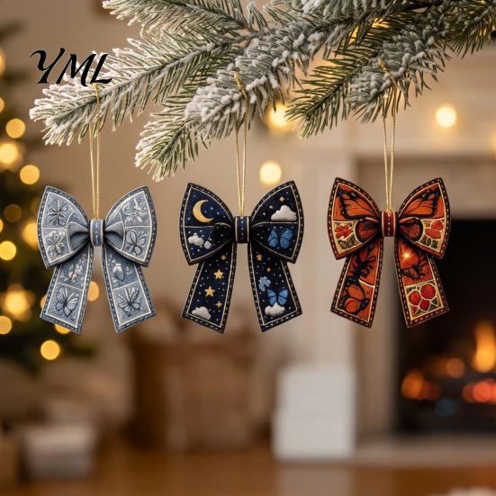 Acrylic Holiday Tree Pendants 24Pcs Christmas Advent Calendar with Retro 2D Flat Bow Ornaments, Decorative Romantic Home Decor Accents Countdown