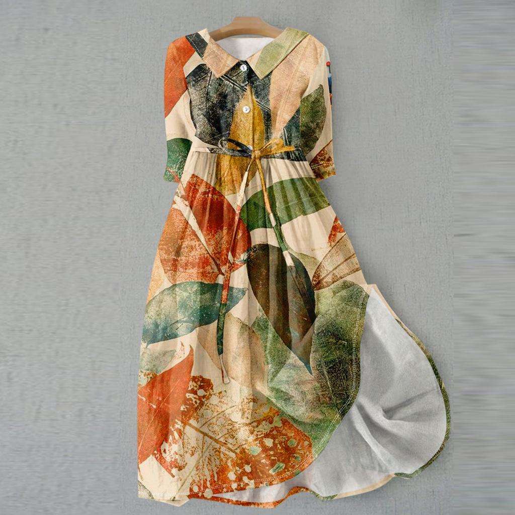 Women's Fashion Vintage Floral Print Lapel Button Three Quarter Sleeves Strappy Dress