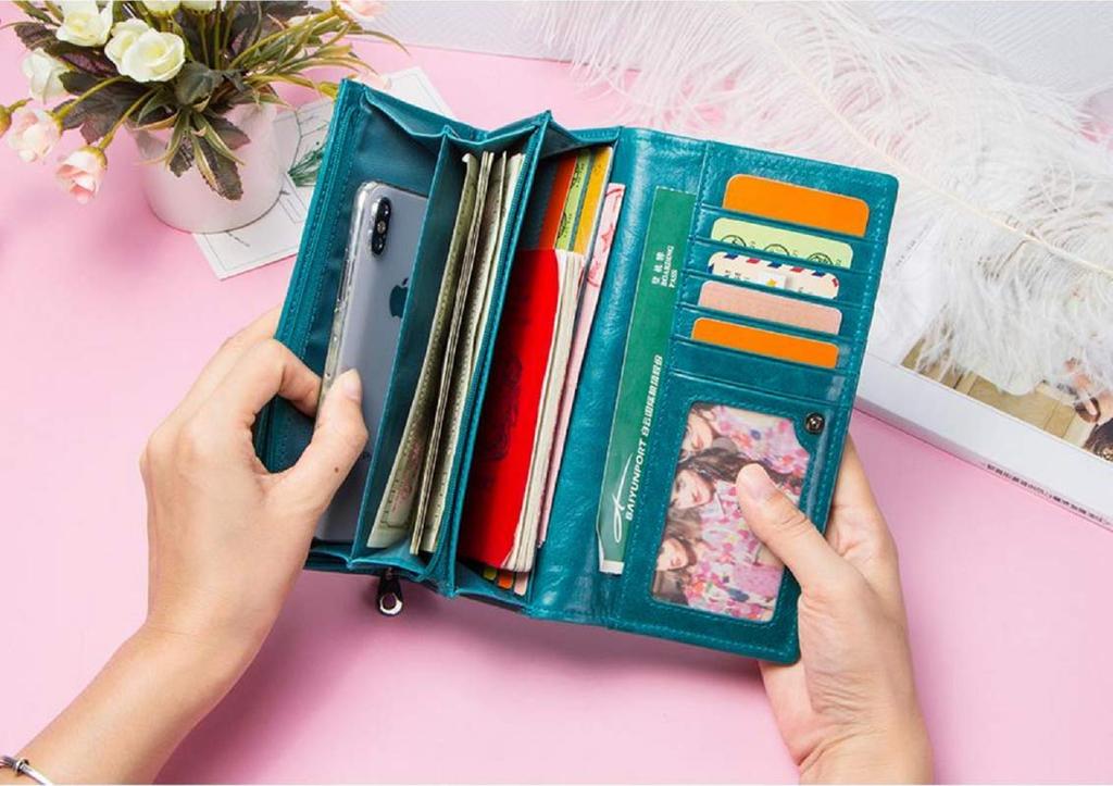 [CONTACTS] Genuine Leather Women's Wallet with RFID and Multi-Function Slim Bi-Fold Zipper Clutch Wallet, Teal Blue