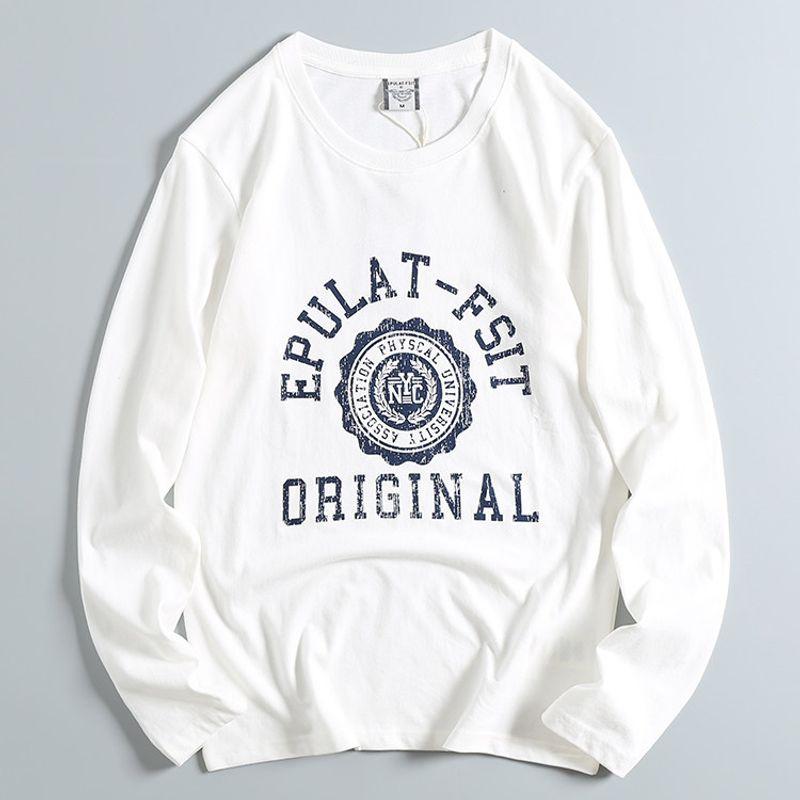 Original Retro Brushed Long Sleeve Cotton round Neck T-shirt White L