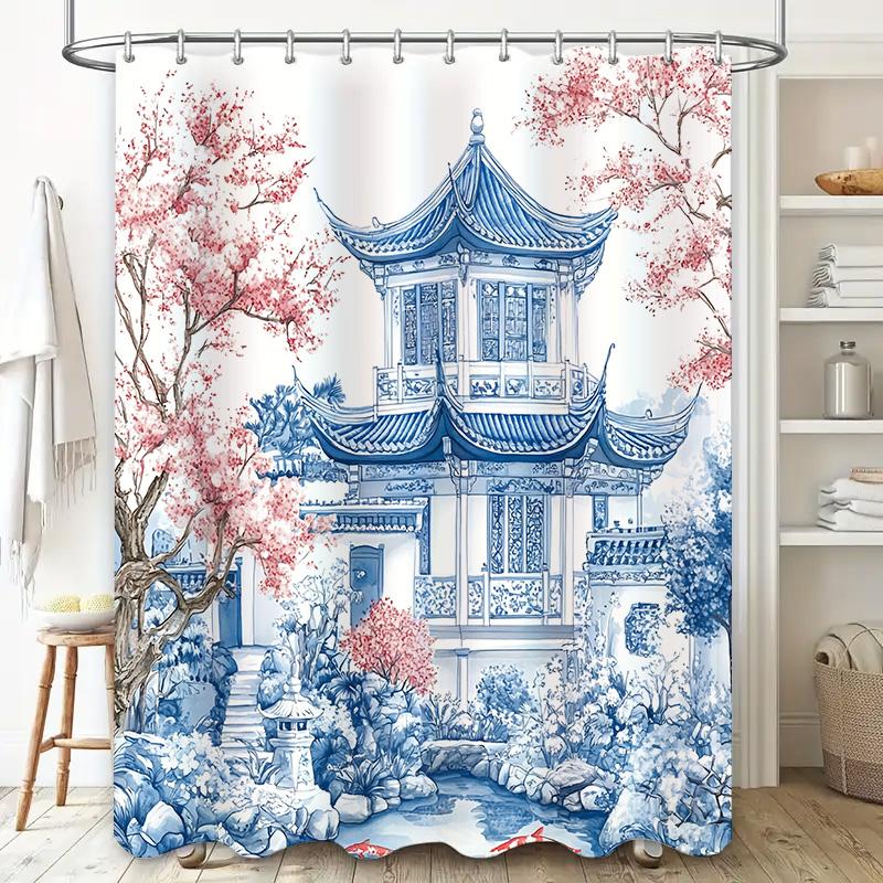 Elegant Blue And White Chinese Garden Shower Curtain With Cherry Blossoms - Artistic Home Decor For Bathroom Complimentary Hook