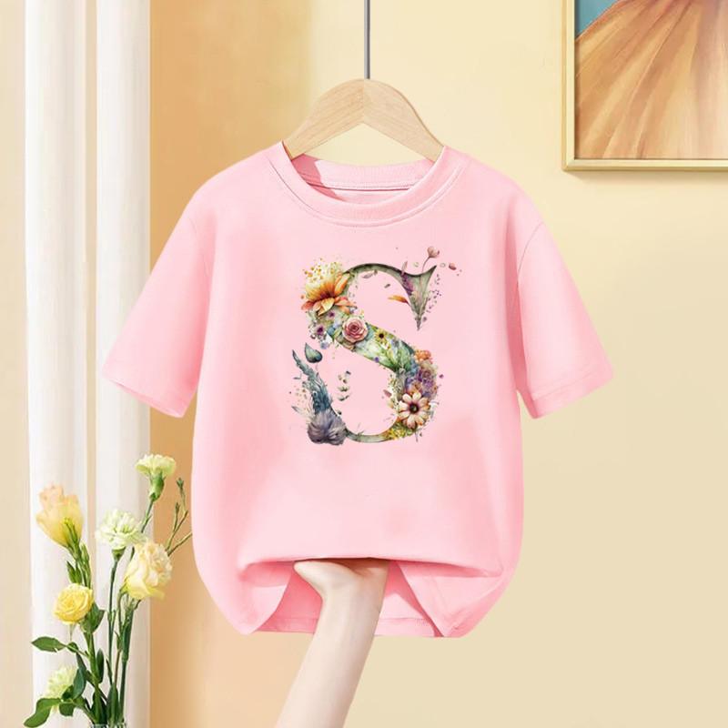 Girls T Shirt Custom Name Letter Combination Print Tshirt Flower Letter Font A B C D E F G Short Sleeve Kids Pink Tops