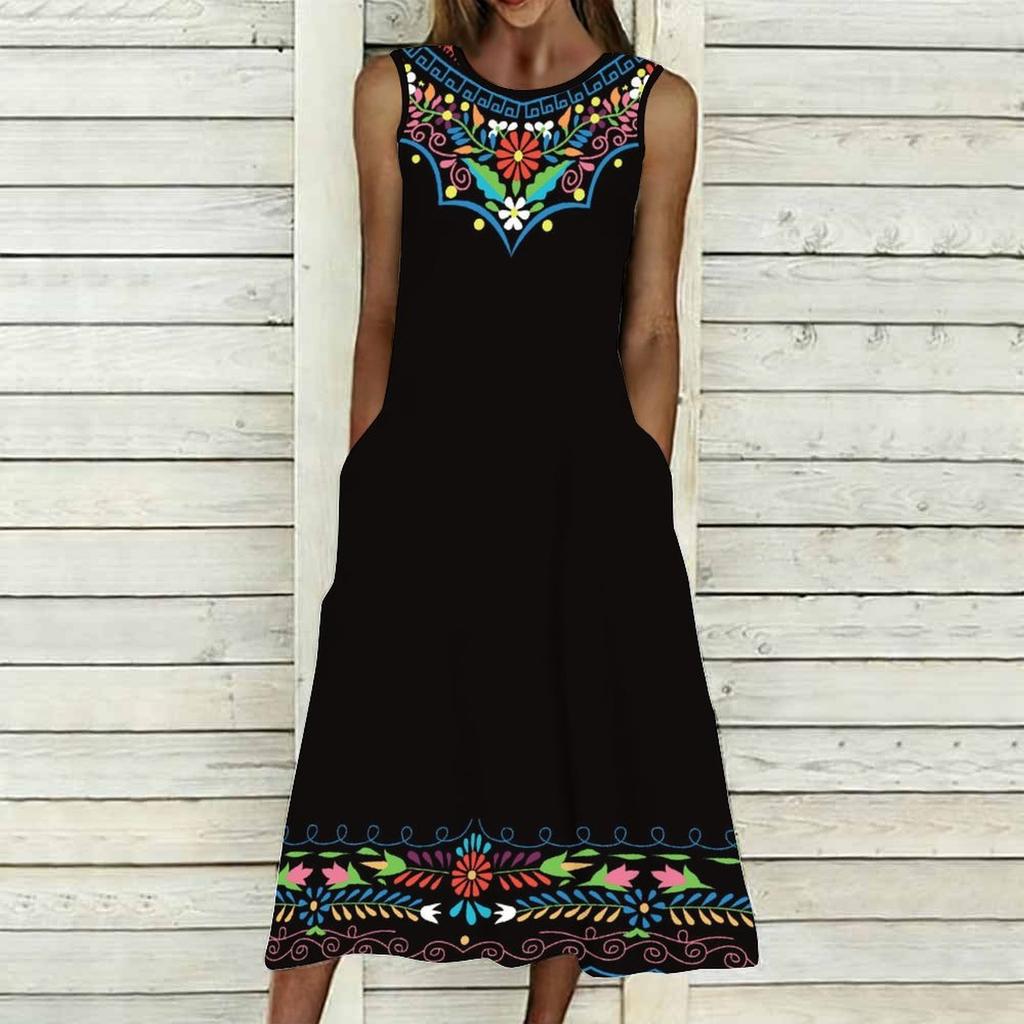 Oversized Ladies Sleeveless Round Neck Dress Soft Mixed Floral Printed Flowy Midi Gown