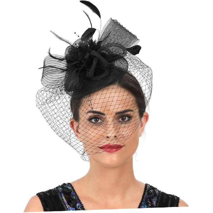 Decorative Hat with Floral Accent and Mesh for Women, Black Cocktail Tea Party Headpiece Hair Clip, Wedding Special Occasion Accessory