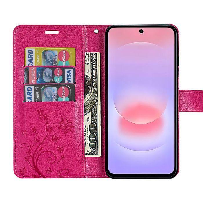 Coque + 2 Verres Trempés pour Samsung Galaxy A37 5G, Protection Effet Cuir Motif Floral - Fuchsia