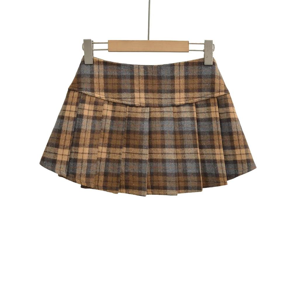 American Retro Low-Waist Plaid A-Line Mini Skirt - Women's College Style, Pleated, for Spring/Autumn